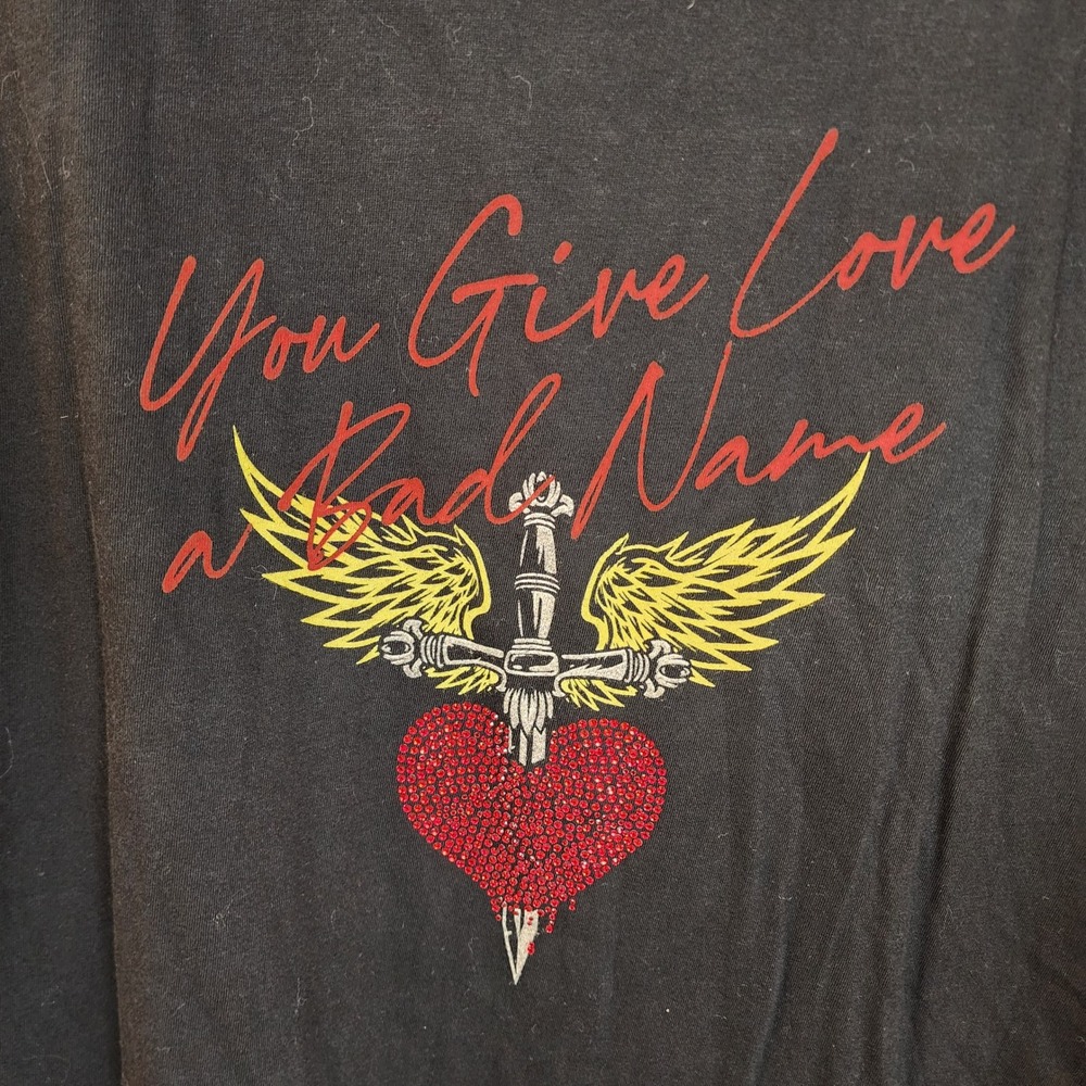 Official Bon Jovi Rhinestone T Shirt Ladies Lg Black Bling Heart Dagger Graphic